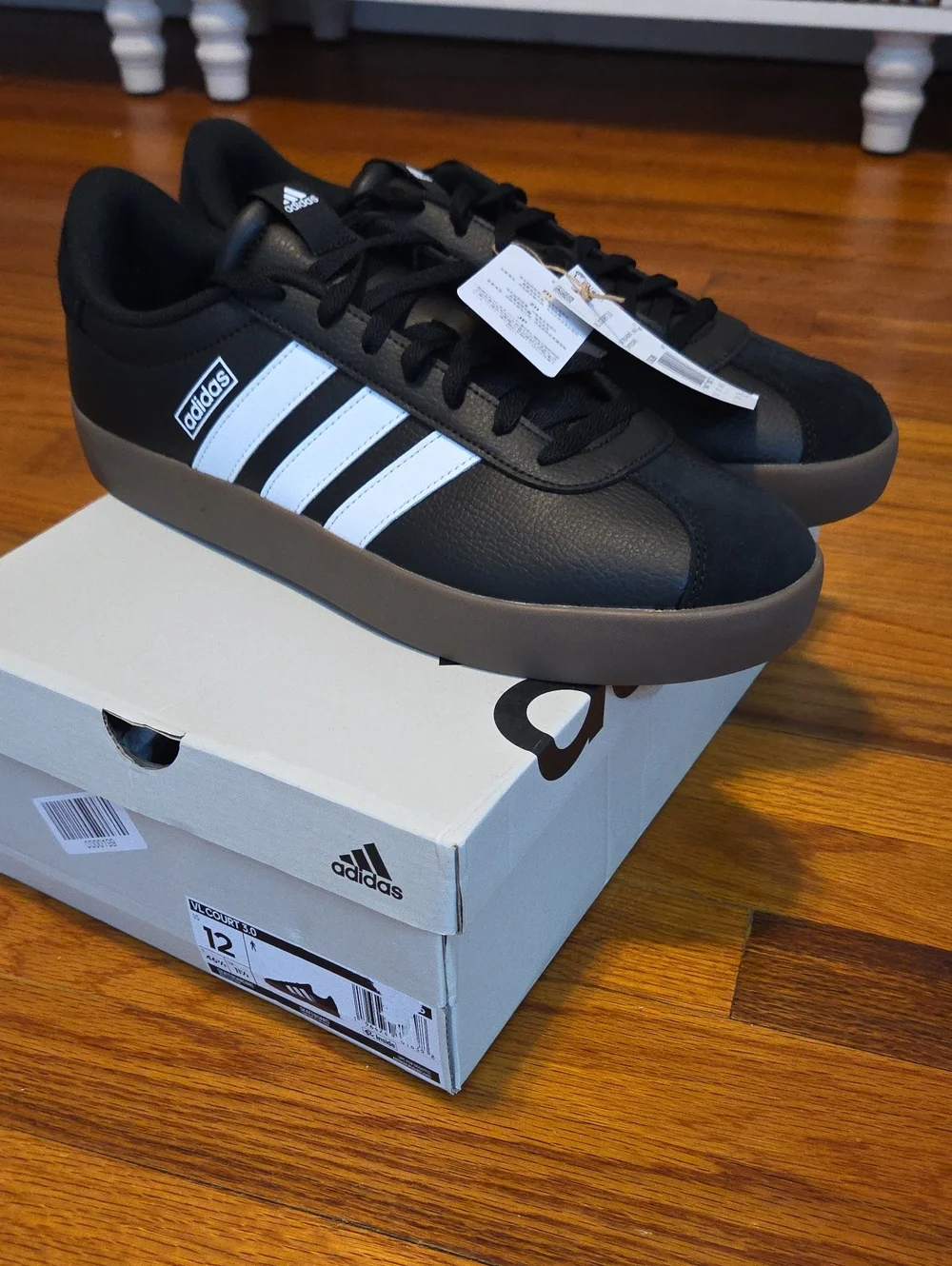 adidas Size 12 VL Court 3.0 Black White Sneakers with Brown-Gum Sole